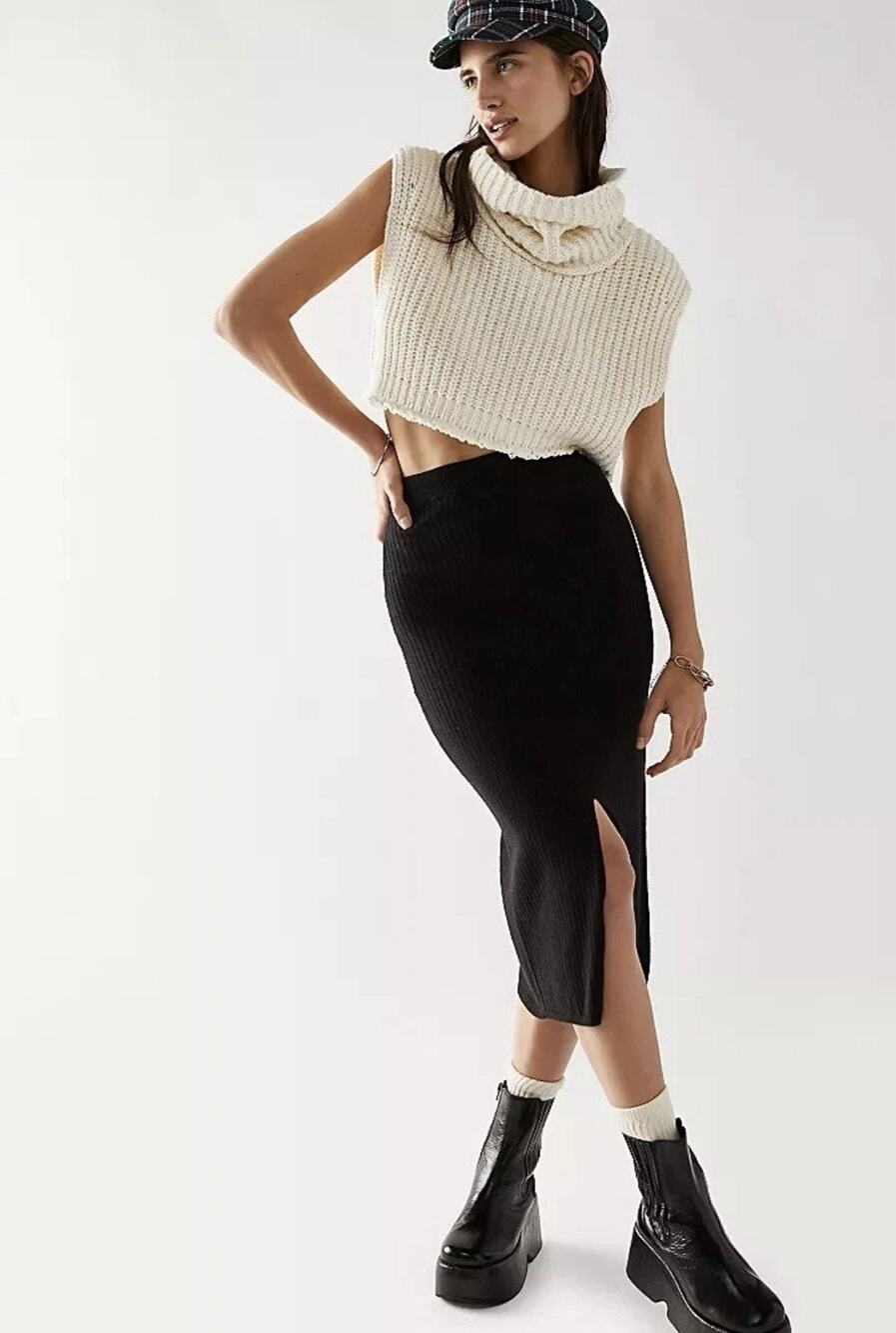 Free People Black Ribbed Midi Skirt Womens XS Side Slit Stretch Knit Boho